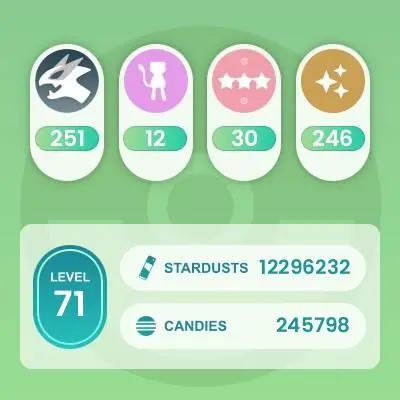 Level 71, 6 Legendary+Ultra Beasts IV100, 246 Shiny, 251 Legendary, 30 IV 100, 10 Shiny Legendary, 65 Shadow Legendary