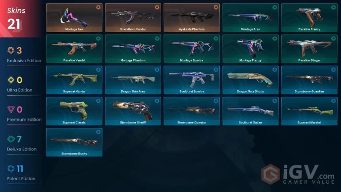 EU | 21 Skins | Blackthorn Vandal | Ayakashi Phantom | Montage Axe | Stormborne Operator | Stormborne Sheriff | FULL ACCESS