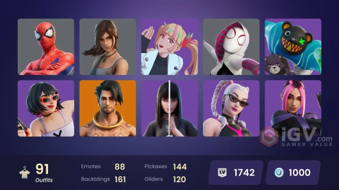 91 skins [All Platforms] Lara Croft | Spider-Man | Spider-Gwen | Geralt of Rivia | Spire Assassin | Kymera | 1000 VB | Instant Delivery