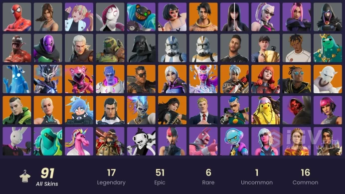 91 skins [All Platforms] Lara Croft | Spider-Man | Spider-Gwen | Geralt of Rivia | Spire Assassin | Kymera | 1000 VB | Instant Delivery