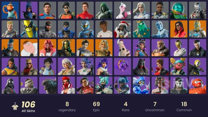 106 skins [All Platforms] Joltara | Peter Griffin | Omegarok | Ascendant Midas | Zeus | Spectra Knight | 550 VB | Instant Delivery
