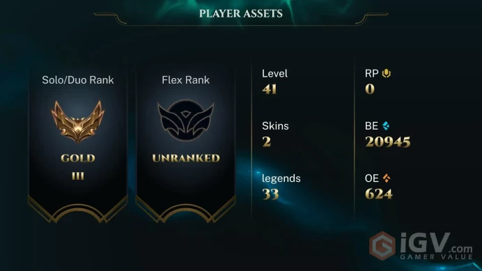 EUW - GOLD 3(65LP) + HIGH LP GAIN - 33 Champ - 2 Good Skins(2 Epic) - 21K BE - S11 ACC - SAFETY - HANDMADE - FULL ACCES - CHEAP
