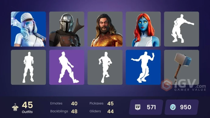 | PC/PSN/XBOX | 45 SKINS | Midas Rex | Vegeta | Ronin | Eternal Knight | Mandalorian | Fade | Predator | Polarity | Thor | 950 VBUCKS | FxMiO |