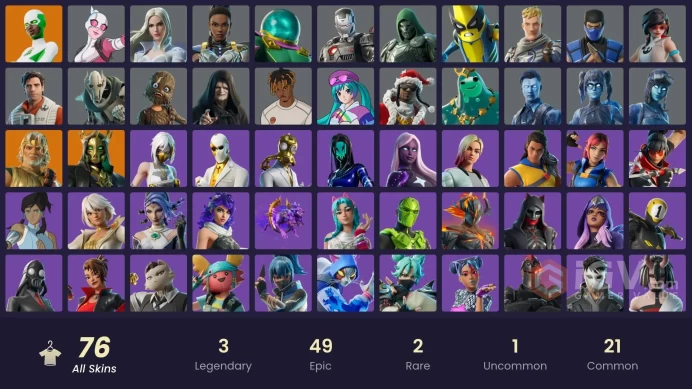 | PC | 76 SKINS | Hades | Zeus | Backlash | Bones | Carmine Rosso | Outlaw Midas | Godzilla Evolved | Yulejacket | Polus | 1850 VBUCKS | FvP5G |