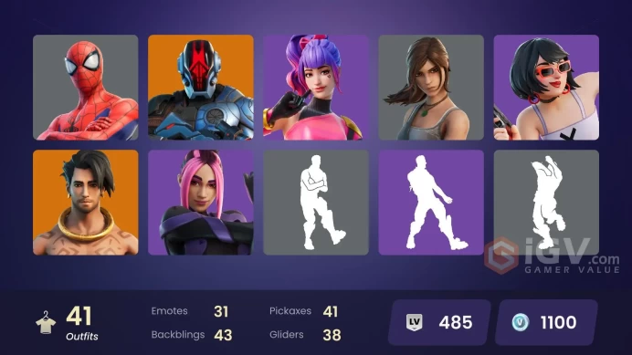 | PC/PSN/XBOX | 41 SKINS | Snap | The Foundation | Raz | Kymera | The Origin | Joey | The Imagined | Ronin | Spider-Man | 1100 VBUCKS | FxgQv |