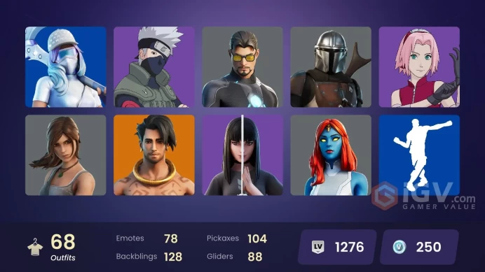 | PC/PSN | 68 SKINS | Mandalorian | Predator | Joey | The Ageless | Menace | Renzo the Destroyer | Nezumi | Kymera | Era | 250 VBUCKS | FxsCz |