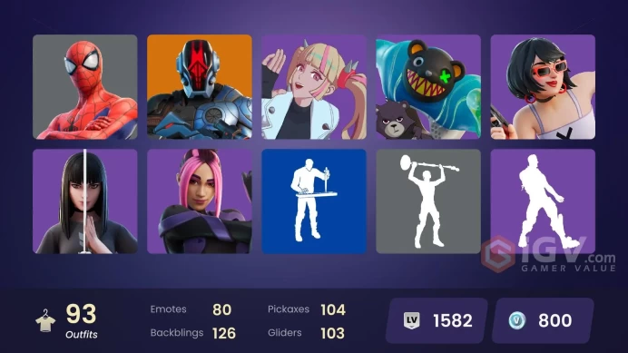 | PC | 93 SKINS | Ronin | Spectra Knight | Omegarok | Paradigm (Reality-659) | Kymera | Nezumi | Joey | Era | Twyn | Snap | 800 VBUCKS | Fwlvq |