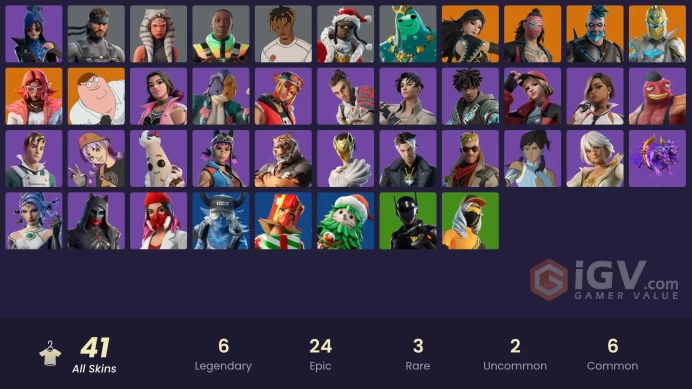 | PC/PSN | 41 SKINS | Omegarok | Spectra Knight | Peter Griffin | Valeria | Era | Kado Thorne | Santa Dogg | Mae | Hope | 750 VBUCKS | FxN1k |