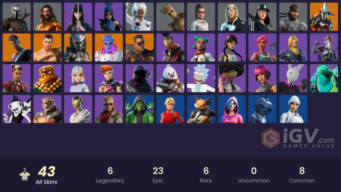 | PC/PSN/XBOX | 43 SKINS | Joey | Mandalorian | Eternal Knight | Menace | Kymera | Fade | Predator | Charlotte | Storm | 1050 VBUCKS | Fuc2J |