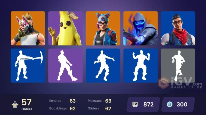 | PC/XBOX | 57 SKINS | Ruin | Zenith | Drift | Luxe | Hybrid | Fusion | Blackheart | Ronin | Rox | The Prisoner | Lynx | 300 VBUCKS | Fwjzm |