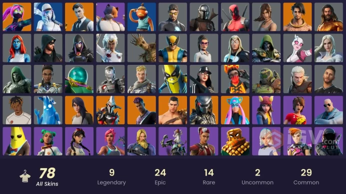 | PC/XBOX | 78 SKINS | Fade | Eternal Knight | Midas | Gear Specialist Maya | Deadpool | Raz | Alli | Predator | Menace | 750 VBUCKS | Fx33R |