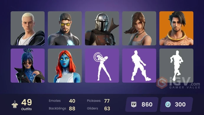 | PC | 49 SKINS | Peter Griffin | Mandalorian | Kymera | Valeria | Raz | Vengeance Jones | Lara Croft | Solid Snake | 300 VBUCKS | FxibA |