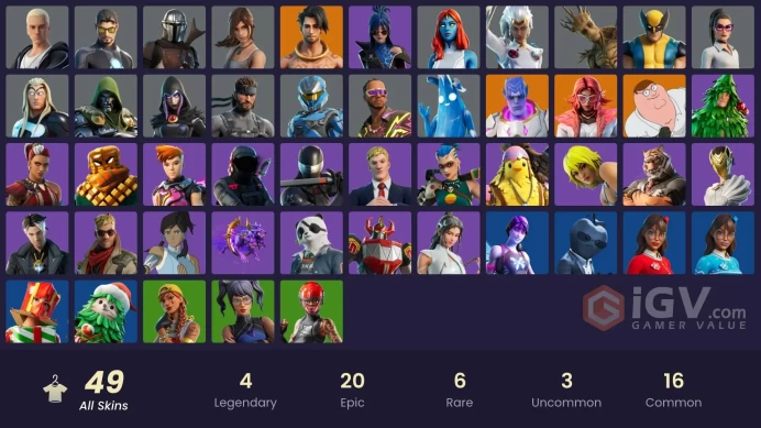 | PC | 49 SKINS | Peter Griffin | Mandalorian | Kymera | Valeria | Raz | Vengeance Jones | Lara Croft | Solid Snake | 300 VBUCKS | FxibA |