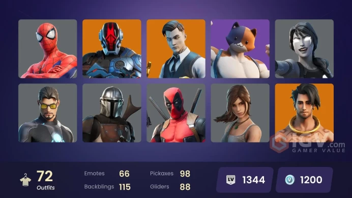 | PC/PSN | 72 SKINS | Predator | Midas | Gear Specialist Maya | Raz | Mandalorian | The Foundation | Fade | Ronin | Joey | 1200 VBUCKS | Fw8MB |