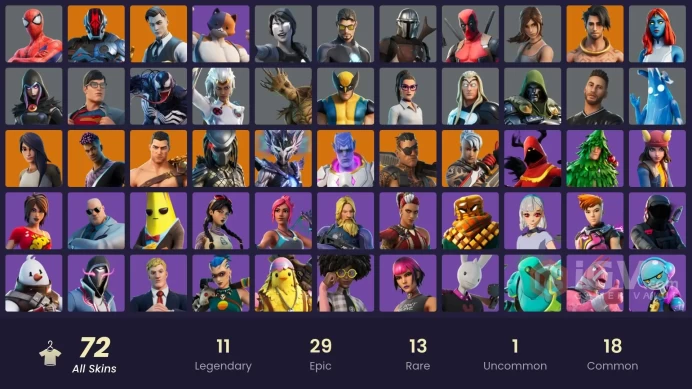 | PC/PSN | 72 SKINS | Predator | Midas | Gear Specialist Maya | Raz | Mandalorian | The Foundation | Fade | Ronin | Joey | 1200 VBUCKS | Fw8MB |