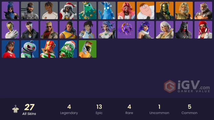 27 skins [All Platforms] Peter Griffin | Valeria | Hades | Zeus | Poseidon | Polar Peely | Solid Snake | 200 VB | Instant Delivery