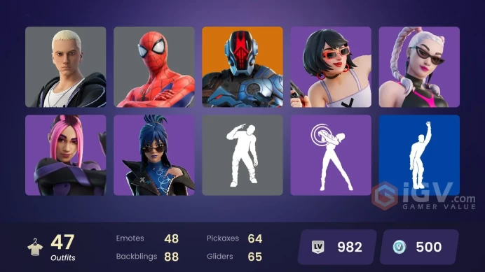 | PC | 47 SKINS | Valeria | Spectra Knight | Peter Griffin | Ronin | The Foundation | Omegarok | Malik | Snap | Hope | 500 VBUCKS | FyWSM |