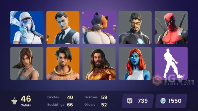 | PC/PSN/XBOX | 46 SKINS | Midas | Raz | Fade | Eternal Knight | Deadpool | Gear Specialist Maya | Kit | Scuba Jonesy | 1550 VBUCKS | FyJTr |