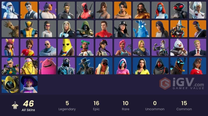 | PC/PSN/XBOX | 46 SKINS | Midas | Raz | Fade | Eternal Knight | Deadpool | Gear Specialist Maya | Kit | Scuba Jonesy | 1550 VBUCKS | FyJTr |