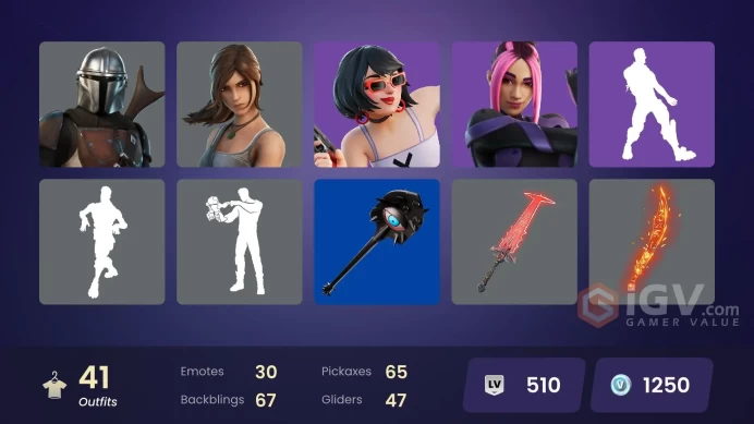 | PC/XBOX | 41 SKINS | Snap | Malik | The Imagined | Predator | Mandalorian | The Origin | Mave | Adira | Mancake | Evie | 1250 VBUCKS | FyhsH |