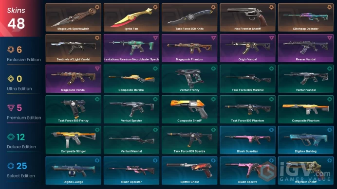EU 48 skins | Ignite Fan | Magepunk Sparkswitch | Neo Frontier Sheriff | Origin Vandal | Glitchpop Operator | Sentinels of Light Vandal | Magepu
