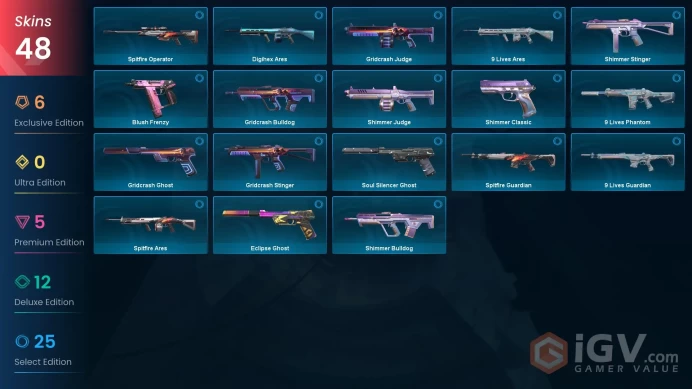 EU 48 skins | Ignite Fan | Magepunk Sparkswitch | Neo Frontier Sheriff | Origin Vandal | Glitchpop Operator | Sentinels of Light Vandal | Magepu