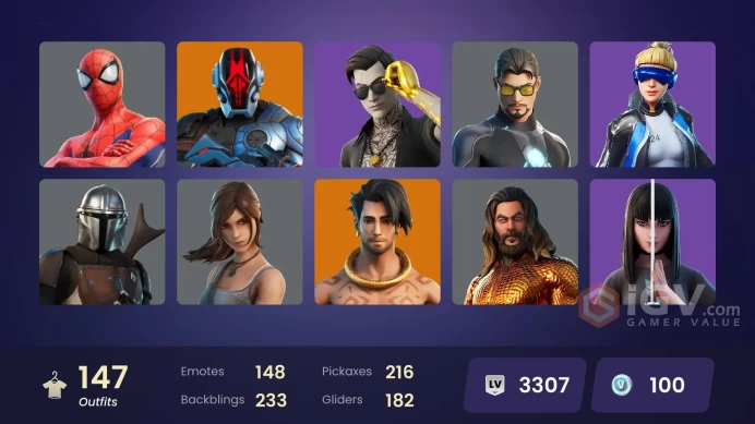 147 skins [All Platforms] Lara Croft | Neo Versa | Spider-Man | Geralt of Rivia | Peter Griffin | Kymera | 50 VB | Instant Delivery