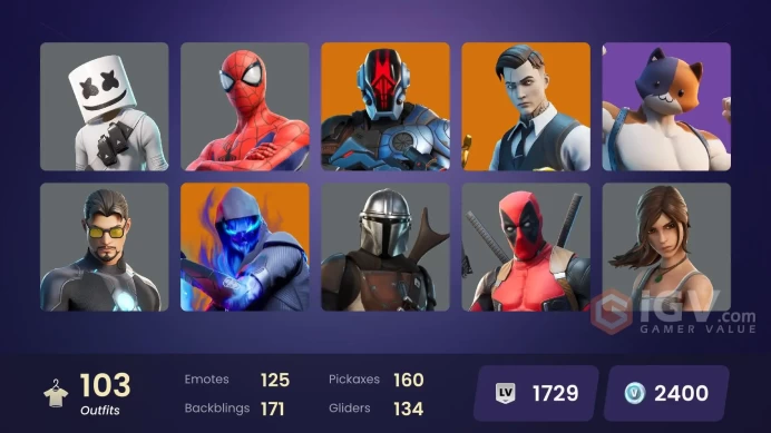 103 skins [All Platforms] OG STW | Merry Mint Axe | Leviathan Axe | Lara Croft | Orange Justice | Spider-Man | 2400 VB | Instant Delivery