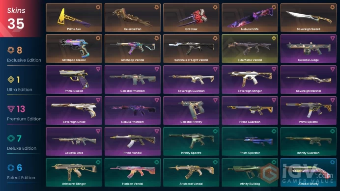 NA - LVL 23 - Unranked - 5 Knifes - 35 Skins (~54,925 VP) Elderflame Vandal, Prime Axe, Sentinels of Light Vandal, Glitchpop Classic, Sovereign 