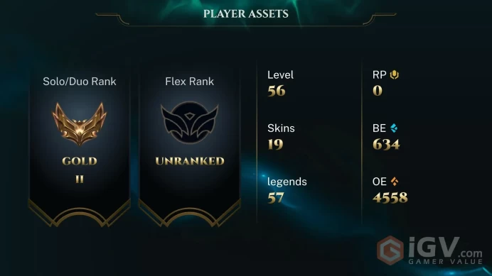 | EUNE | 19 SKINS | GOLD 2 | 57 CHAMPIONS | 56 LEVEL | INSTANT DELIVERY | FULL ACCESS | FyKGf |