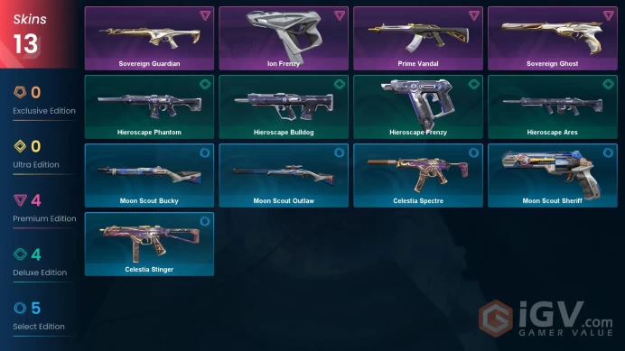 EU - LVL 30 - Unranked - 13 Skins (~7,100 VP) Sovereign Guardian, Sovereign Ghost, Prime Vandal, Ion Frenzy, Hieroscape Phantom