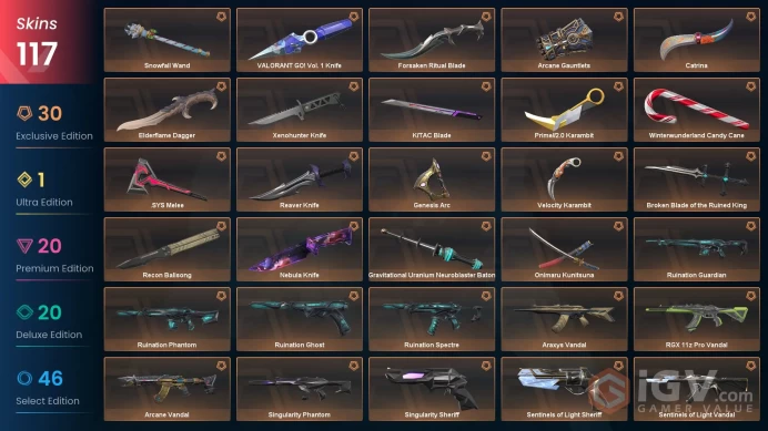 NA - LVL 281 - Unranked - 19 Knifes - 117 Skins (~118,225 VP) Xenohunter Knife, Onimaru Kunitsuna, Recon Balisong, Arcane Gauntlets, Arcane Vand