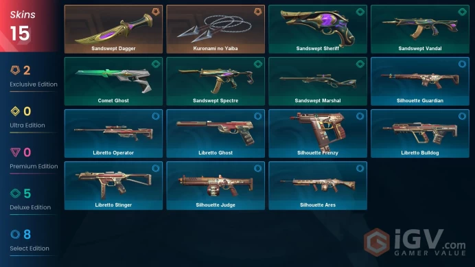 EU - LVL 66 - Unranked - 2 Knifes - 15 Skins (~5,350 VP) Sandswept Dagger, Kuronami no Yaiba, Sandswept Vandal