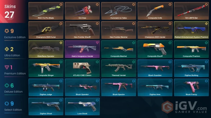 NA - LVL 77 - Unranked - 6 Knifes - 27 Skins (~37,550 VP) Champions 2023 Vandal, NO LIMITS Bat, Oni Claw, Champions 2023 Kunai, RGX 11z Pro Blad