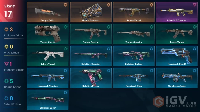 EU - LVL 9 - Unrated - 2 Knifes - 17 Skins (~9,575 VP) Arcane Gauntlets, Arcane Vandal, Torque Coiler, Prime2 Phantom