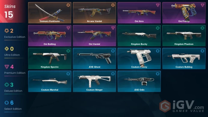 AP - LVL 54 - Unranked - 1 Knife - 15 Skins (~14,625 VP) Arcane Vandal, Onimaru Kunitsuna, Oni Vandal