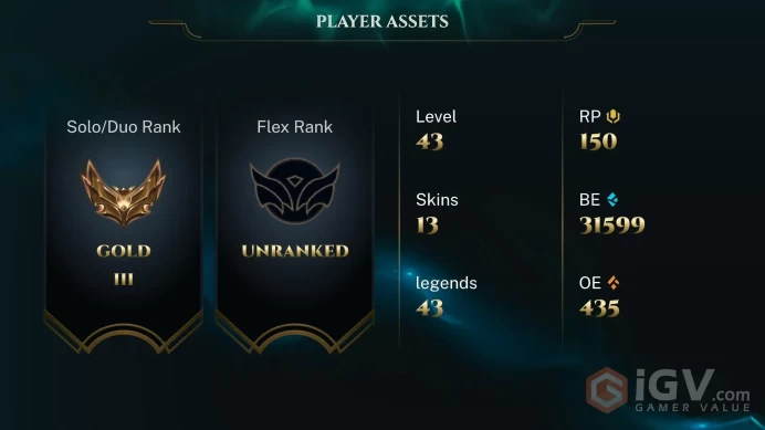 NA - GOLD 3(11LP)  - 43 Champ - 13 Good Skins(5 Epic) - 32K BE - S14 ACC - HANDMADE - UNVERIFIED MAIL - FULL ACCES - CHEAP