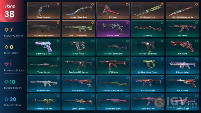 EU - LVL 80 - Unranked - 5 Knifes - 38 Skins (~23,815 VP) RGX 11z Pro Phantom, RGX 11z Pro Firefly, Forsaken Ritual Blade, VCT LOCKIN Misericord