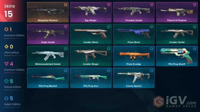 NA - LVL 18 - Unranked -15 Skins (~12,700 VP) Singularity Phantom, Forsaken Vandal, Prime2 Phantom, Origin Vandal, Ego Stinger
