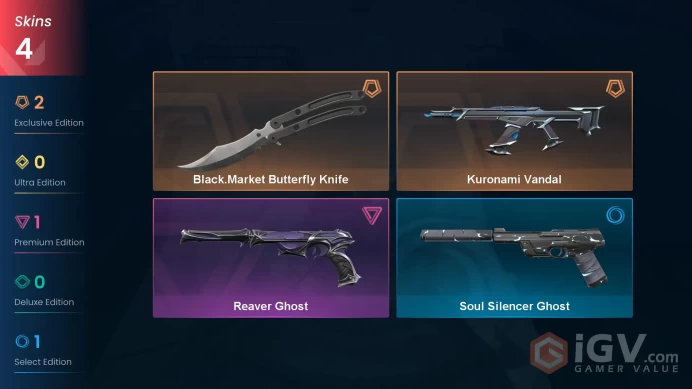 EU - LVL 61 - Unranked - 1 Knife - 4 Skins (~7,700 VP) Kuronami Vandal, Black.Market Butterfly Knife, Reaver Ghost