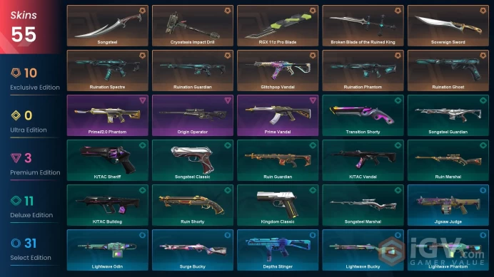 AP - LVL 156 - Unranked - 5 Knifes - 55 Skins (~32,875 VP) Broken Blade of the Ruined King, Ruination Phantom, Songsteel, Glitchpop Vandal, Cryo