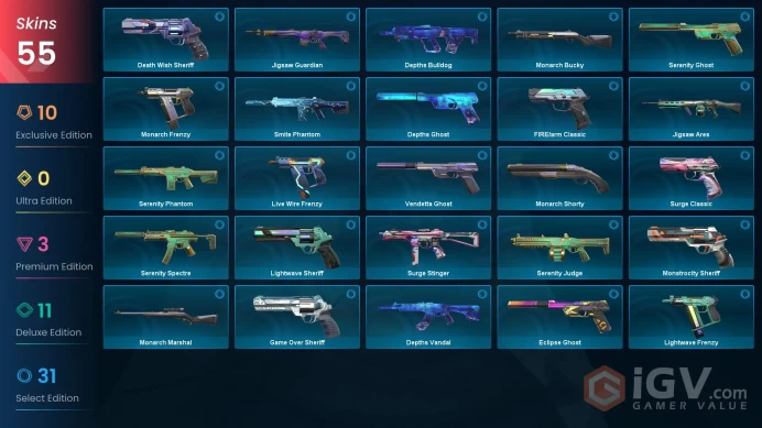 AP - LVL 156 - Unranked - 5 Knifes - 55 Skins (~32,875 VP) Broken Blade of the Ruined King, Ruination Phantom, Songsteel, Glitchpop Vandal, Cryo