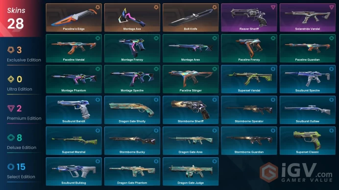 EU 28 skins | Bolt Knife | Montage Axe | Reaver Sheriff | Solarstride Vandal | Montage Spectre | Paceline Vandal | Montage Phantom | V0563