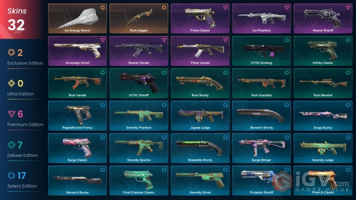 EU - LVL 96 - Unranked - 2 Knifes - 32 Skins (~14,200 VP) Ruin Dagger, Ion Energy Sword, Ion Phantom, Prime Vandal