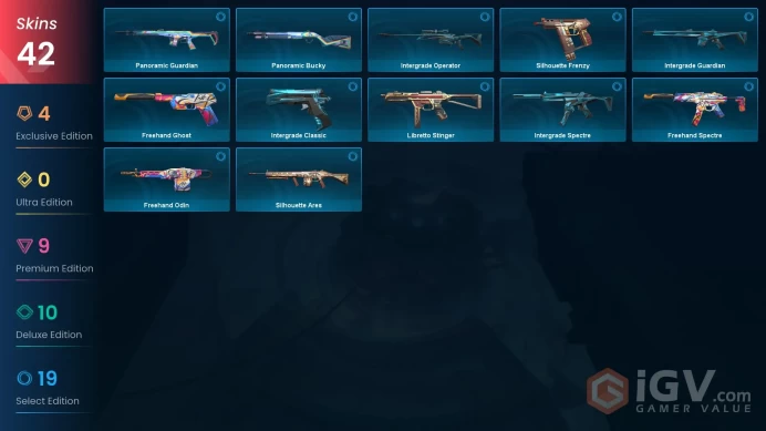 AP - LVL 45 - Unranked - 4 Knifes - 42 Skins (~32,950 VP) Transition Knife, Intergrade Blade, Relic Stone Daggers, Gaia's Fury, Oni Vandal, Gaia