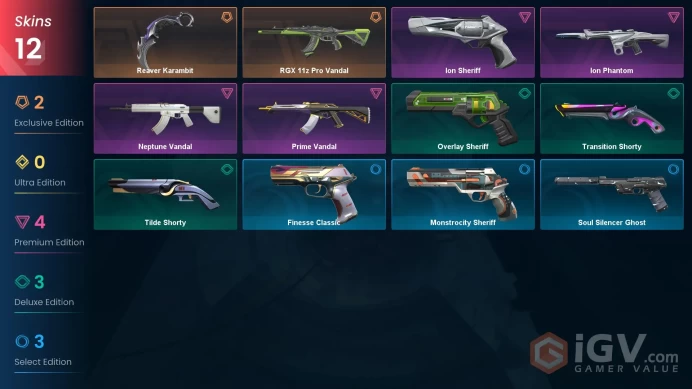 EU / 12 Skins / 1 Knife / RGX 11z / Prime / Neptune / Ion / Reaver / Overlay / Monstrocity / Soul Silencer / Finesse / Transition / Tilde XB50