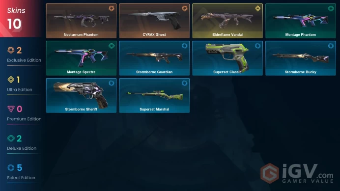 AP | 9 skins | Elderflame Vandal | Nocturnum Phantom | CYRAX Ghost | Montage Phantom | Montage Spectre | Superset Marshal | O1359
