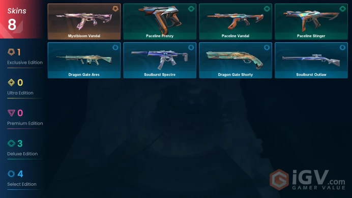 NA | 8 skins | Mystbloom Vandal | Paceline Stinger | Paceline Vandal | Paceline Frenzy | Dragon Gate Shorty | Dragon Gate Ares | T6669
