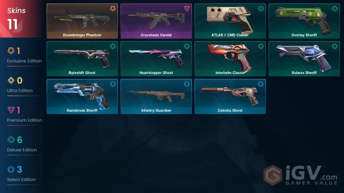 EU | 11 skins | Doombringer Phantom | Cryostasis Vandal | Interhelm Classic | Overlay Sheriff | Byteshift Ghost | ATLAS // CMD Classic | S5727