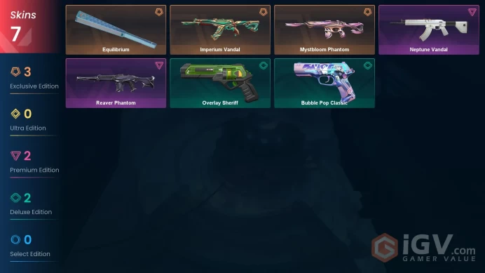 NA | 7 skins | Imperium Vandal | Mystbloom Phantom | Equilibrium | Reaver Phantom | Neptune Vandal | Bubble Pop Classic | O2318